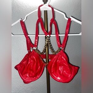 Red Patent Leather Bra with Gold Chain Detail & Chain Garter belt ❤️‍🔥⛓️⛓️‍💥